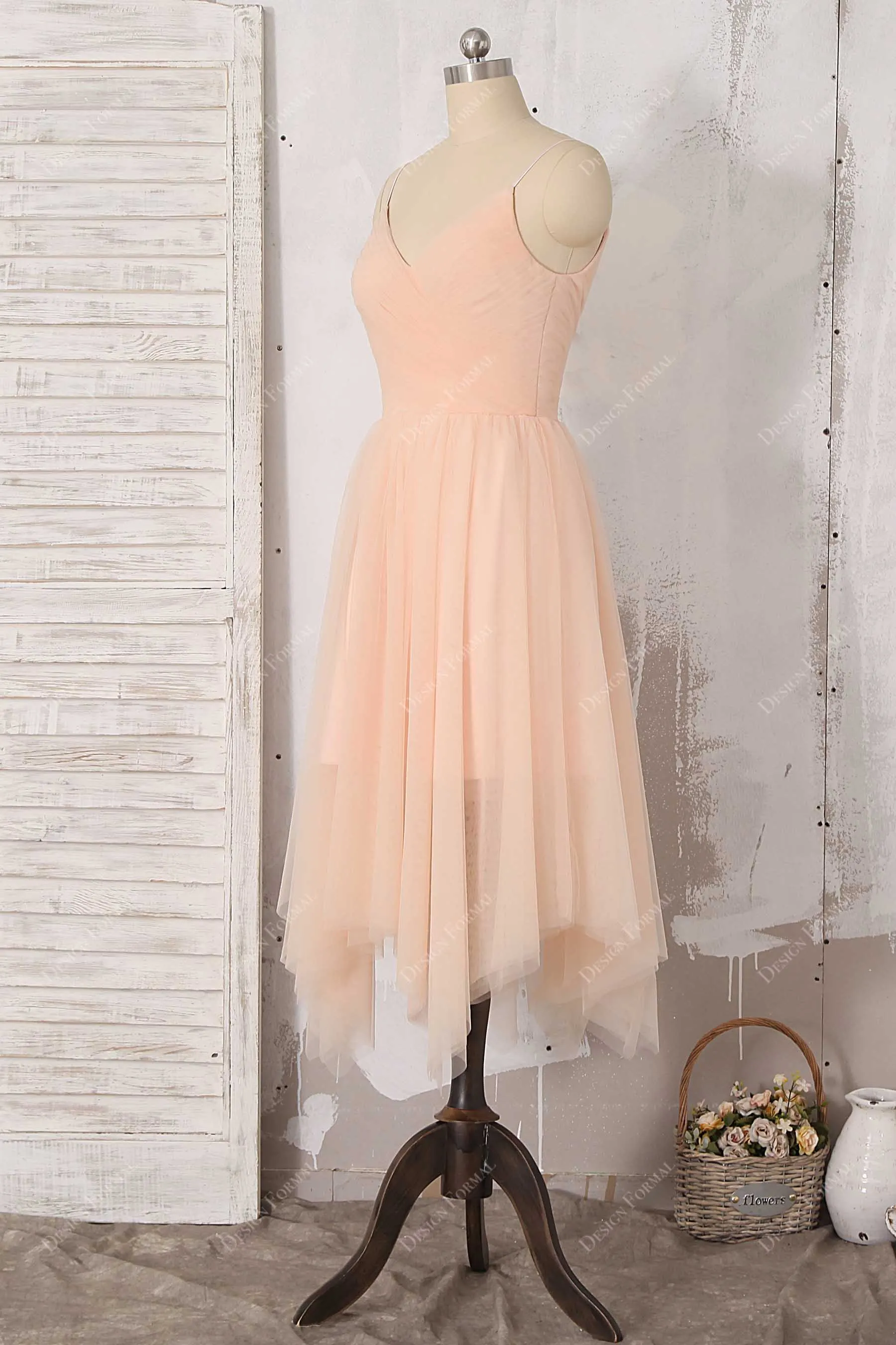 Peach Spaghetti Straps V-neck Tea Length Chiffon Pretty Dress