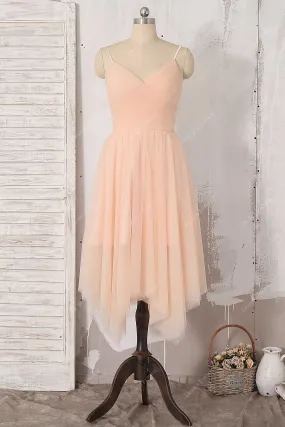 Peach Spaghetti Straps V-neck Tea Length Chiffon Pretty Dress