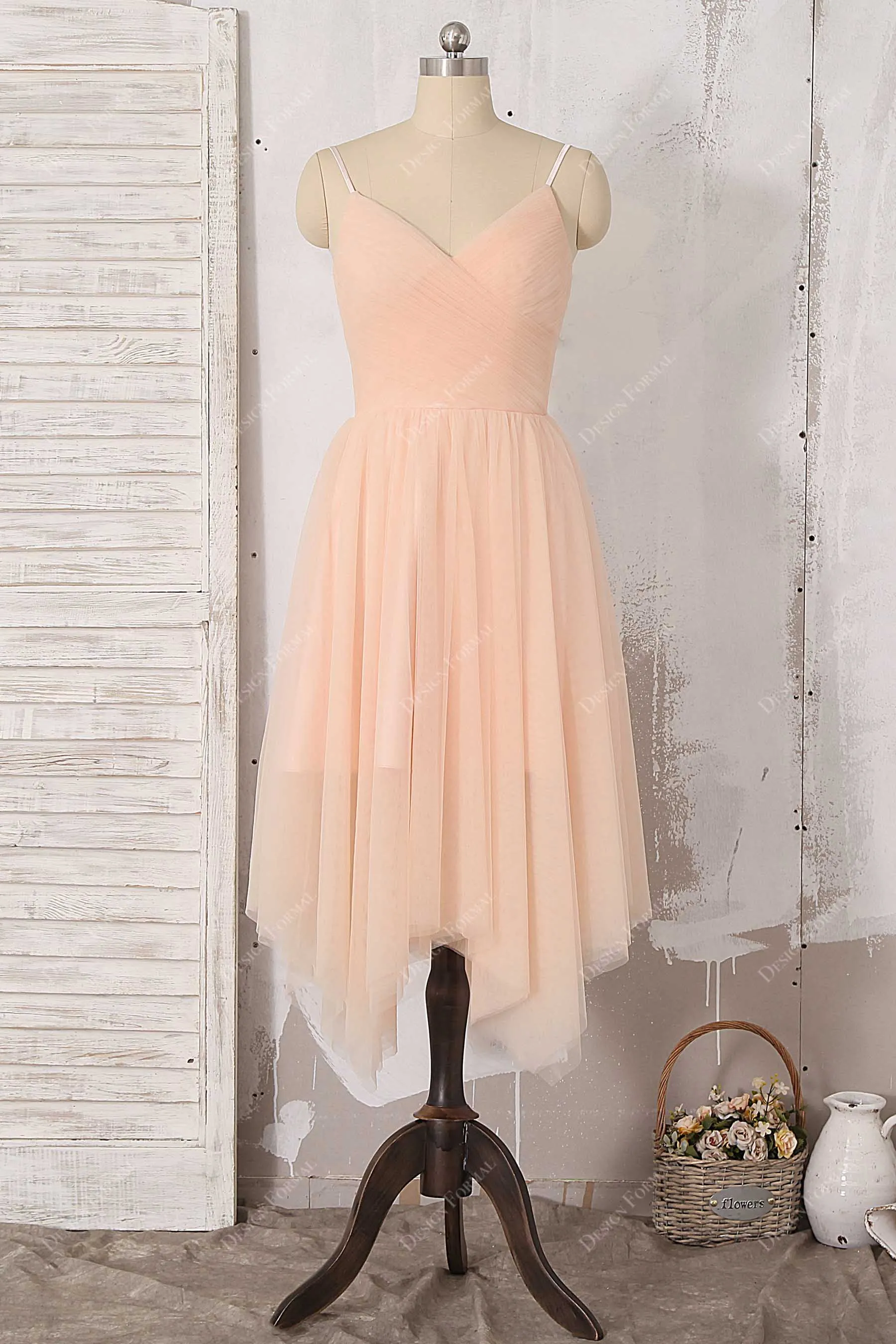 Peach Spaghetti Straps V-neck Tea Length Chiffon Pretty Dress