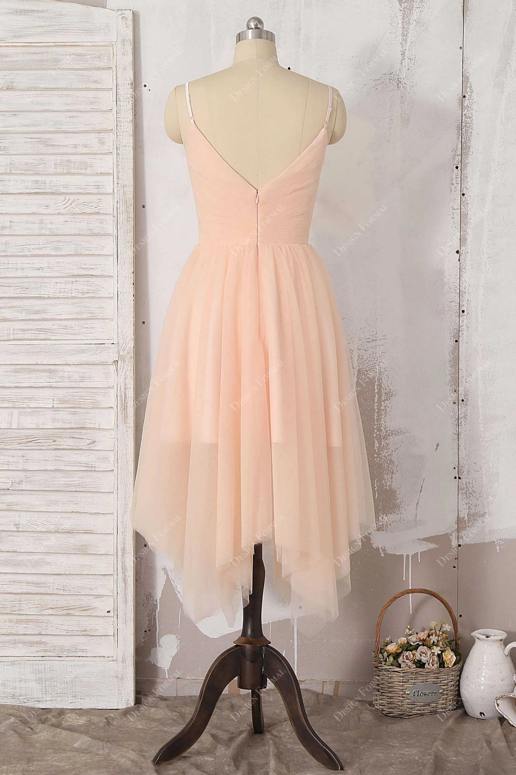 Peach Spaghetti Straps V-neck Tea Length Chiffon Pretty Dress