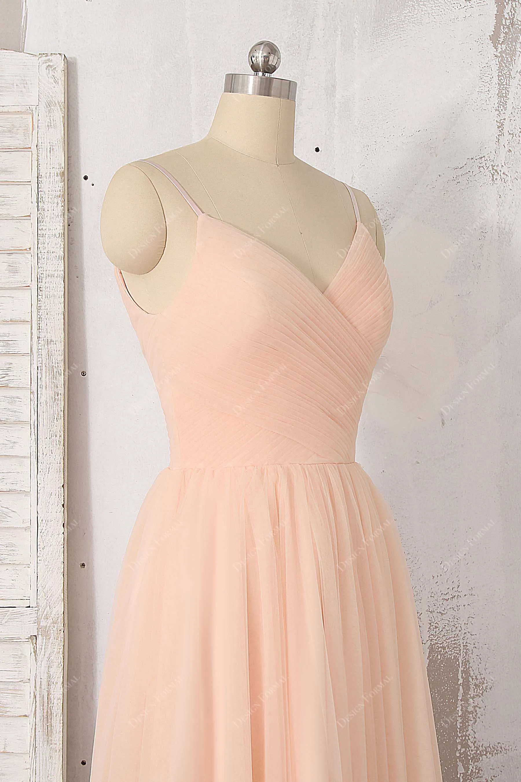 Peach Spaghetti Straps V-neck Tea Length Chiffon Pretty Dress