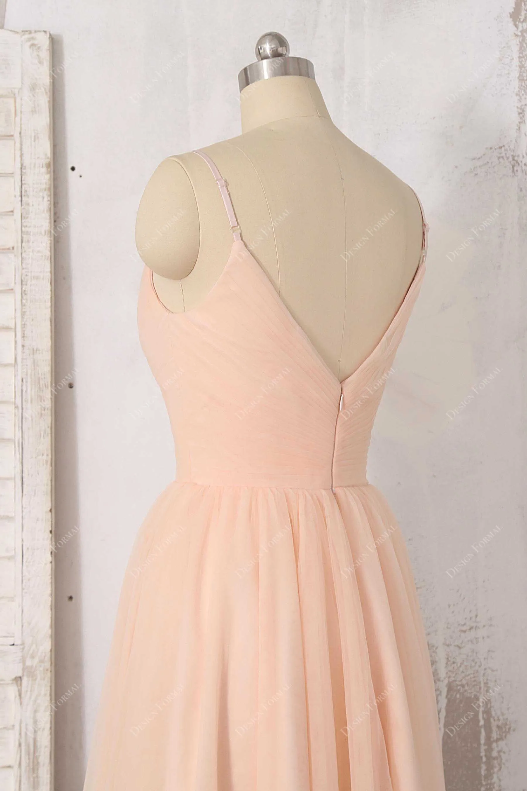 Peach Spaghetti Straps V-neck Tea Length Chiffon Pretty Dress