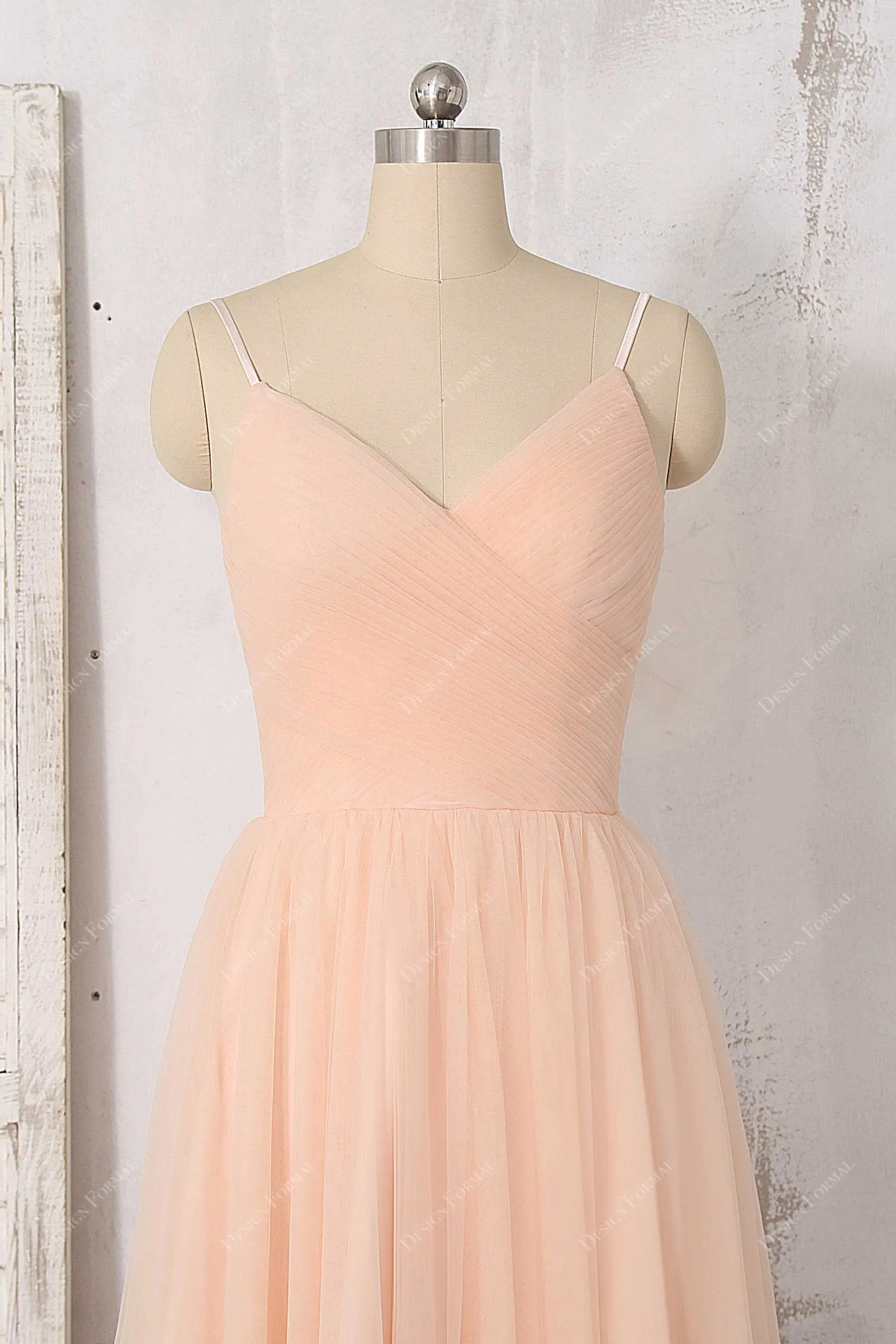 Peach Spaghetti Straps V-neck Tea Length Chiffon Pretty Dress