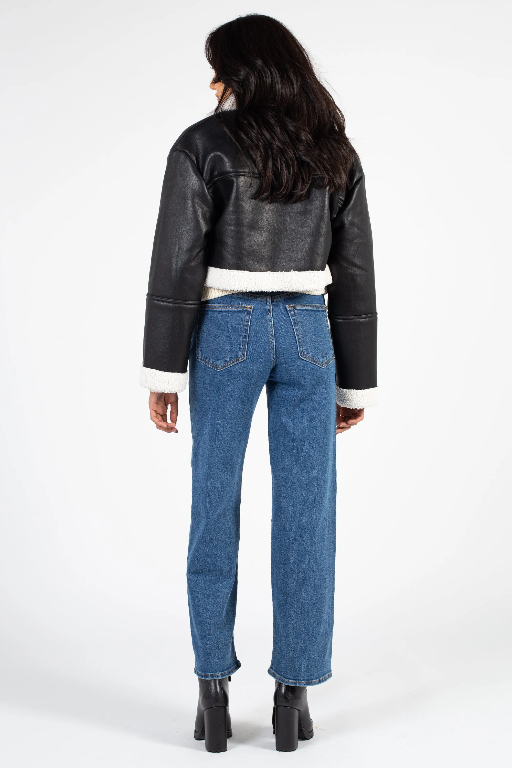 Peggi Sherpa Trim Vegan Leather Jacket