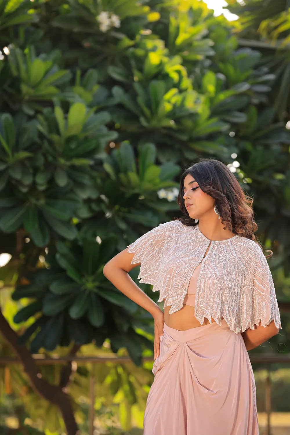 Persian Pink Poncho Cape With Skirt Set