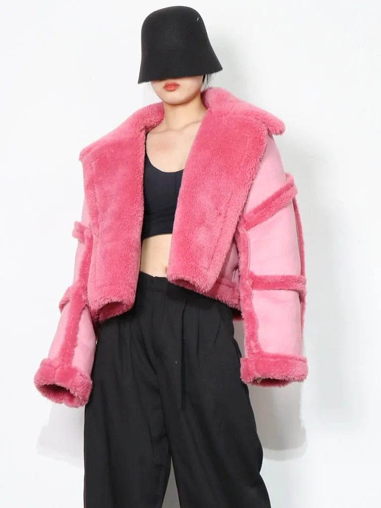 Pink Casual Lambswool Jacket For Women Lapel Long Sleeve Short Korean Jackets Female Fashion Clothing Winter