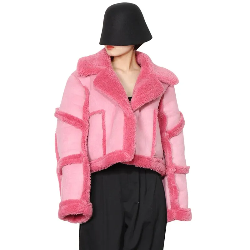 Pink Casual Lambswool Jacket For Women Lapel Long Sleeve Short Korean Jackets Female Fashion Clothing Winter