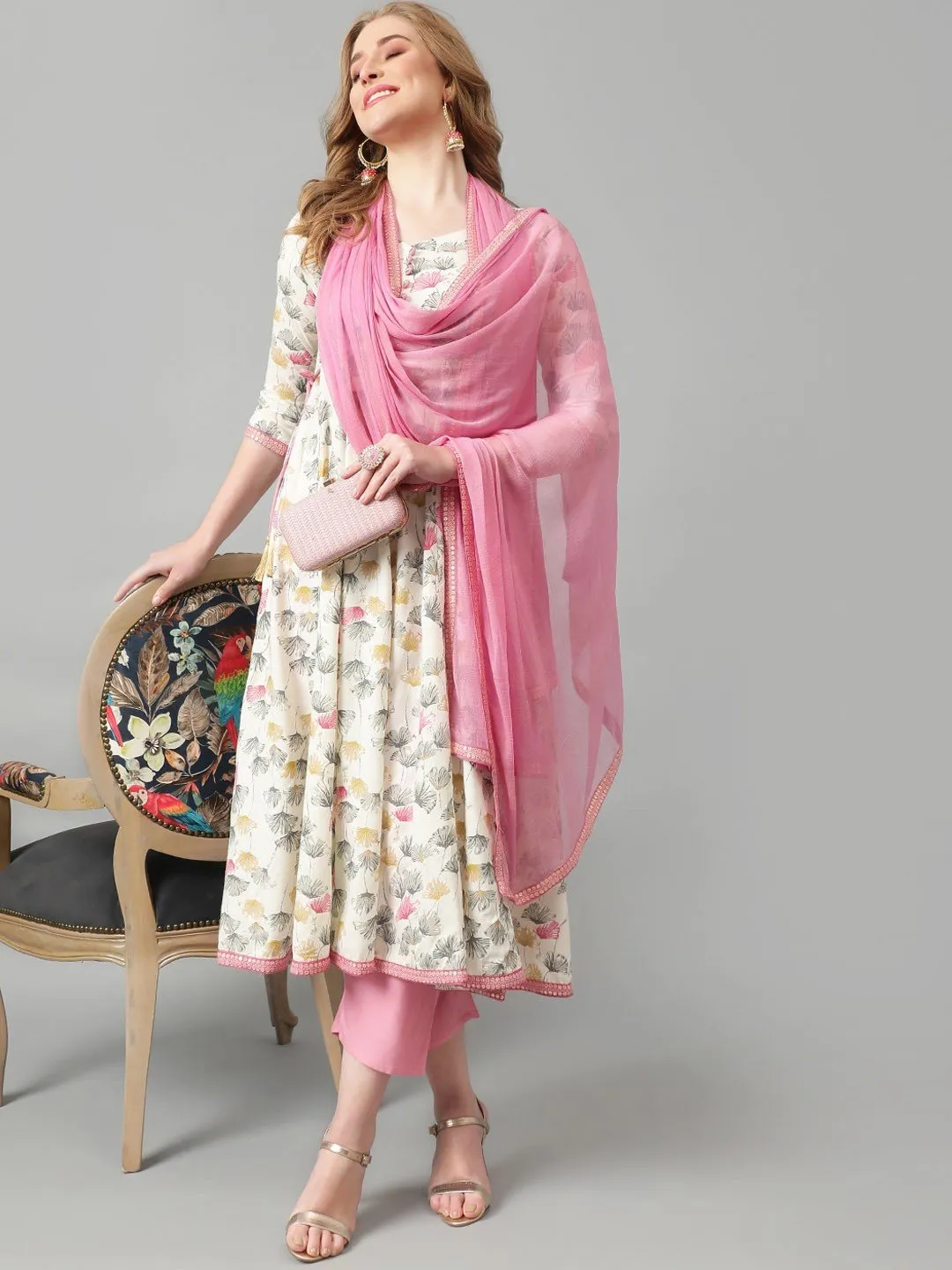 Pink Ethnic Motifs Printed Flared A-Line Kurta with Trousers & Dupatta