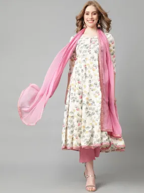 Pink Ethnic Motifs Printed Flared A-Line Kurta with Trousers & Dupatta