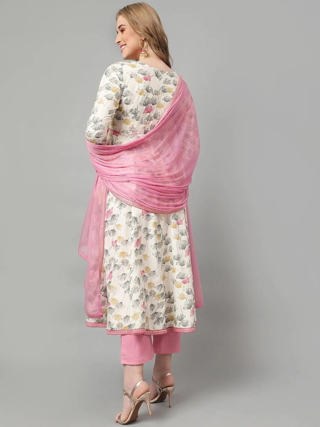 Pink Ethnic Motifs Printed Flared A-Line Kurta with Trousers & Dupatta