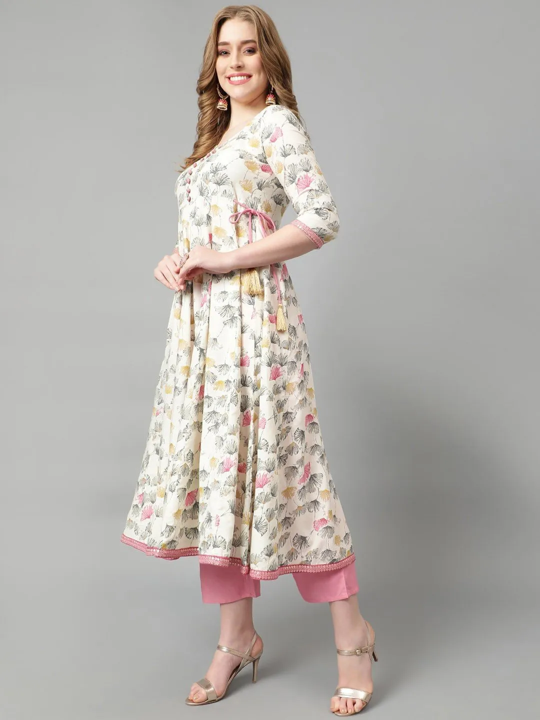 Pink Ethnic Motifs Printed Flared A-Line Kurta with Trousers & Dupatta