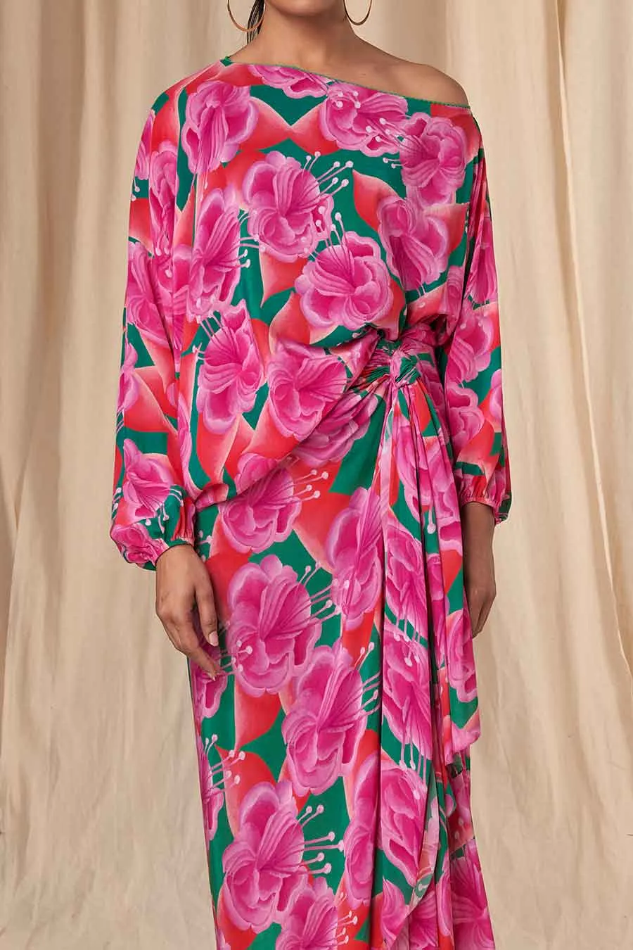 Pink-Green Bloomerang Poncho & Drape Skirt Set