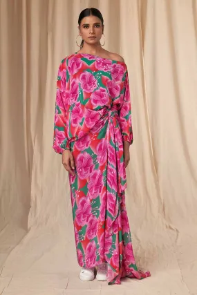 Pink-Green Bloomerang Poncho & Drape Skirt Set