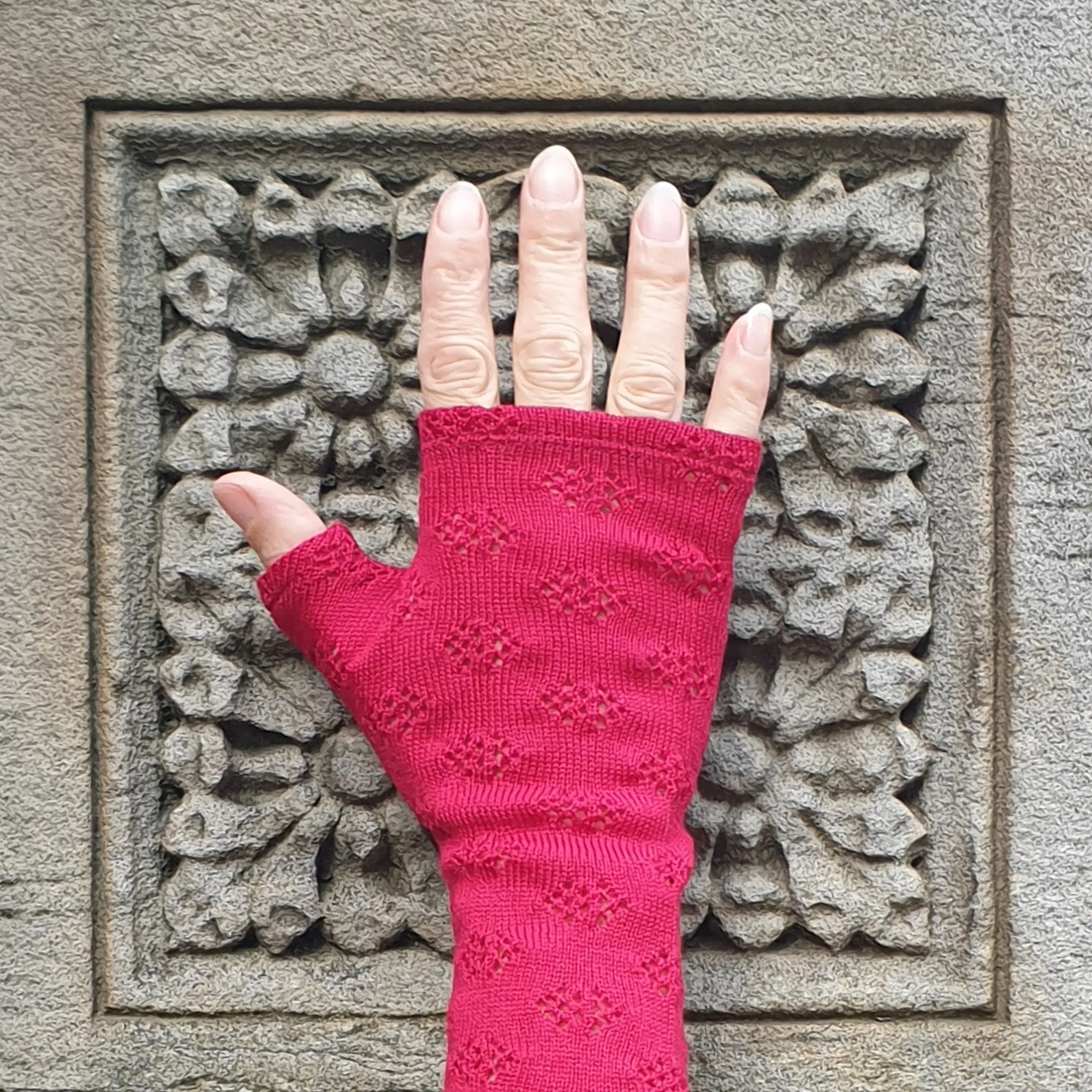 Pink lacy knit merino fingerless gloves