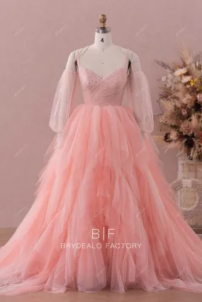 Pink Off Shoulder Sleeves Glitter Celebrity Ruffles Formal Gown