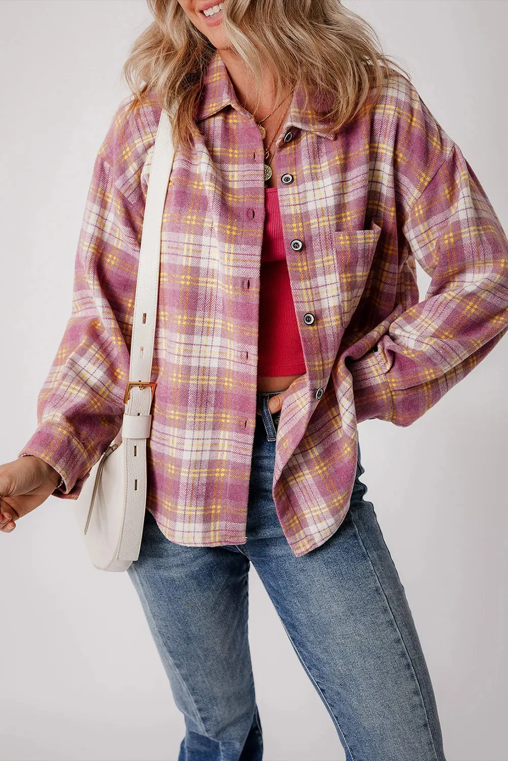 Plaid Collared Neck Long Sleeve Shacket