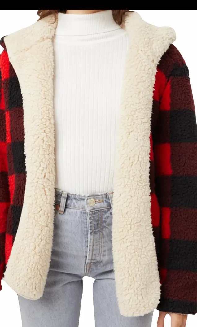 Plaid Fuzzy Red & Black Buffalo Check Sherpa Reversible Coat