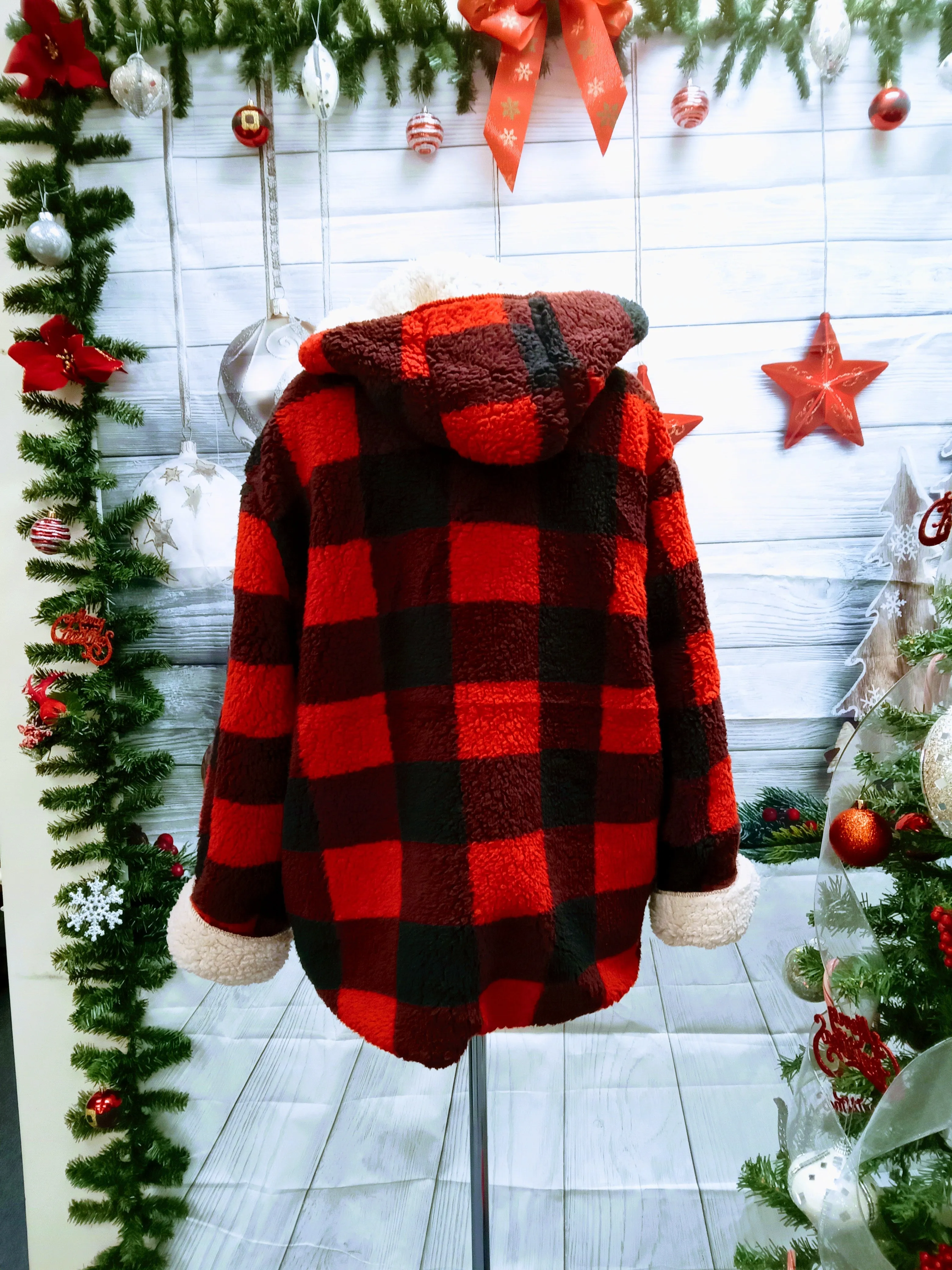 Plaid Fuzzy Red & Black Buffalo Check Sherpa Reversible Coat