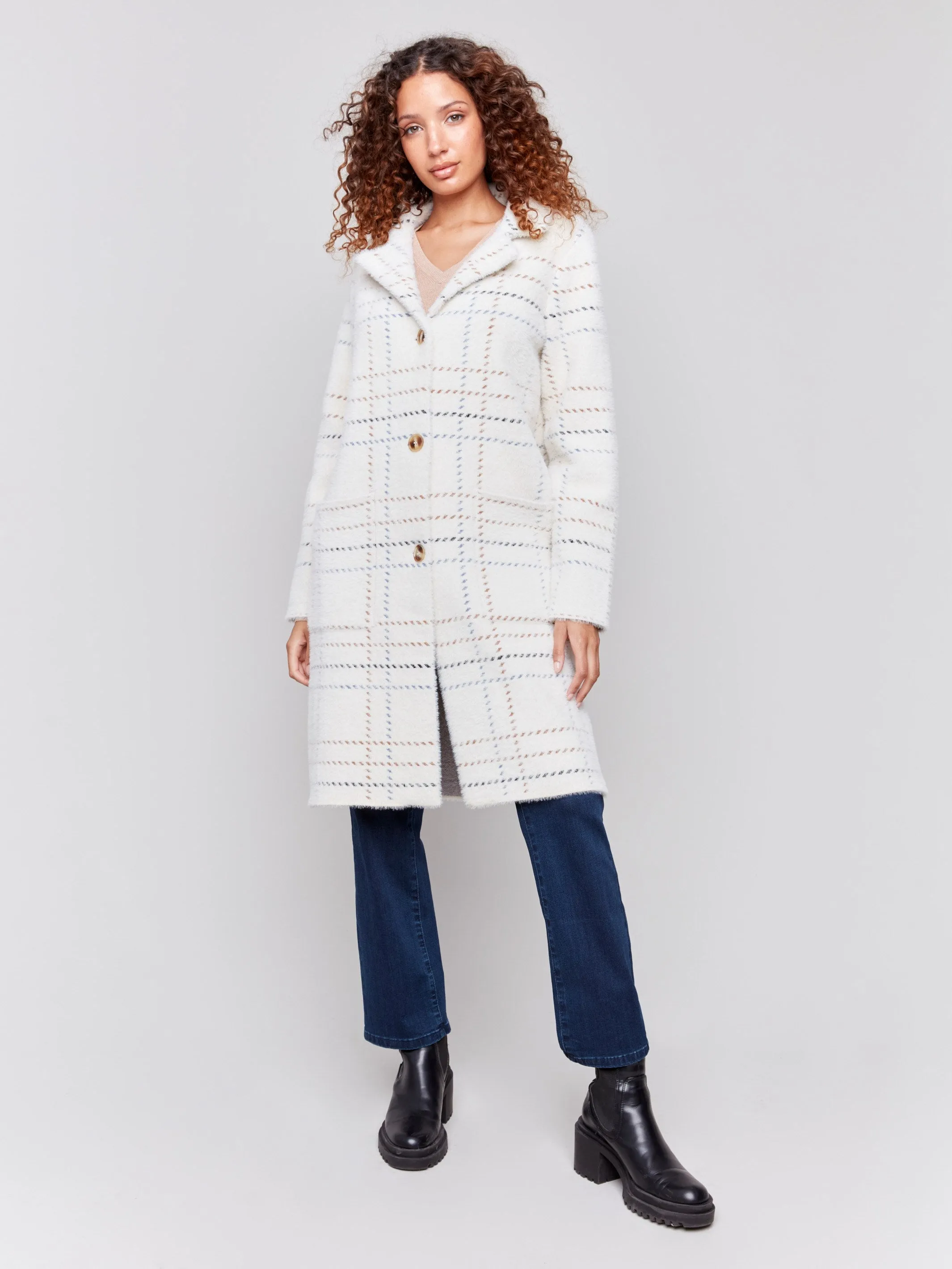 Plaid Knit Coatigan - Ecru