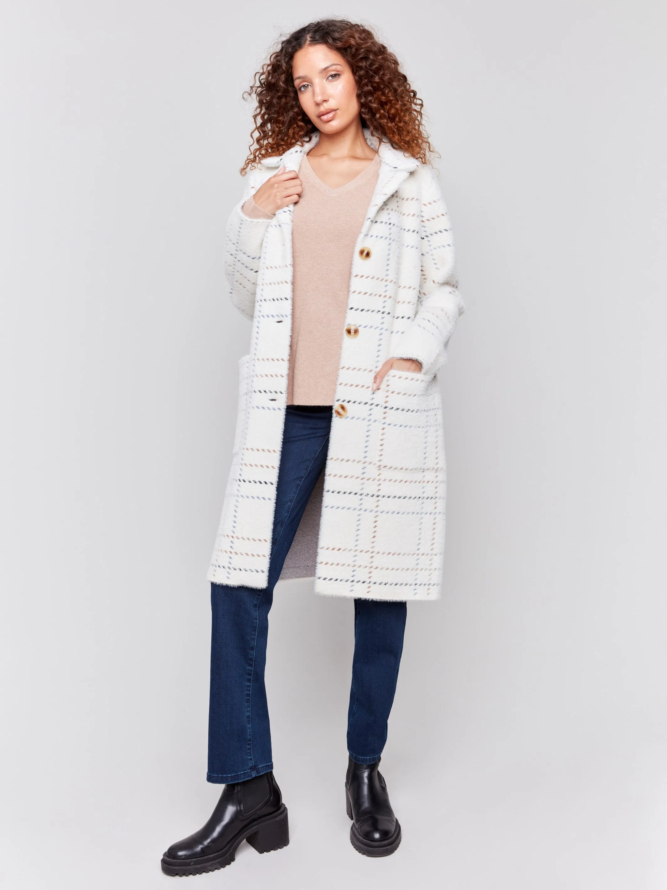 Plaid Knit Coatigan - Ecru