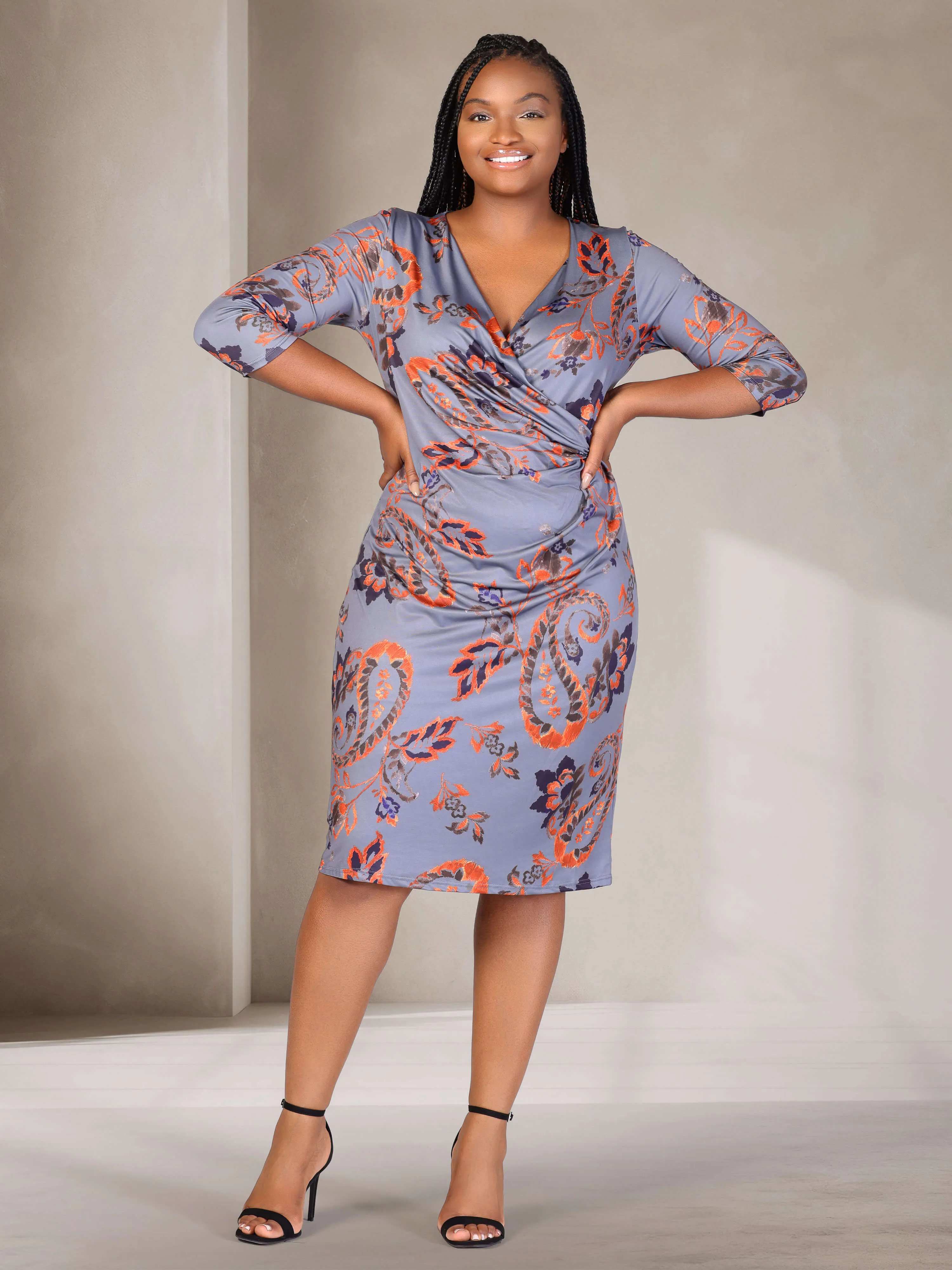 Plus Size Grey Print Three Quarter Sleeve Faux Wrap Dress