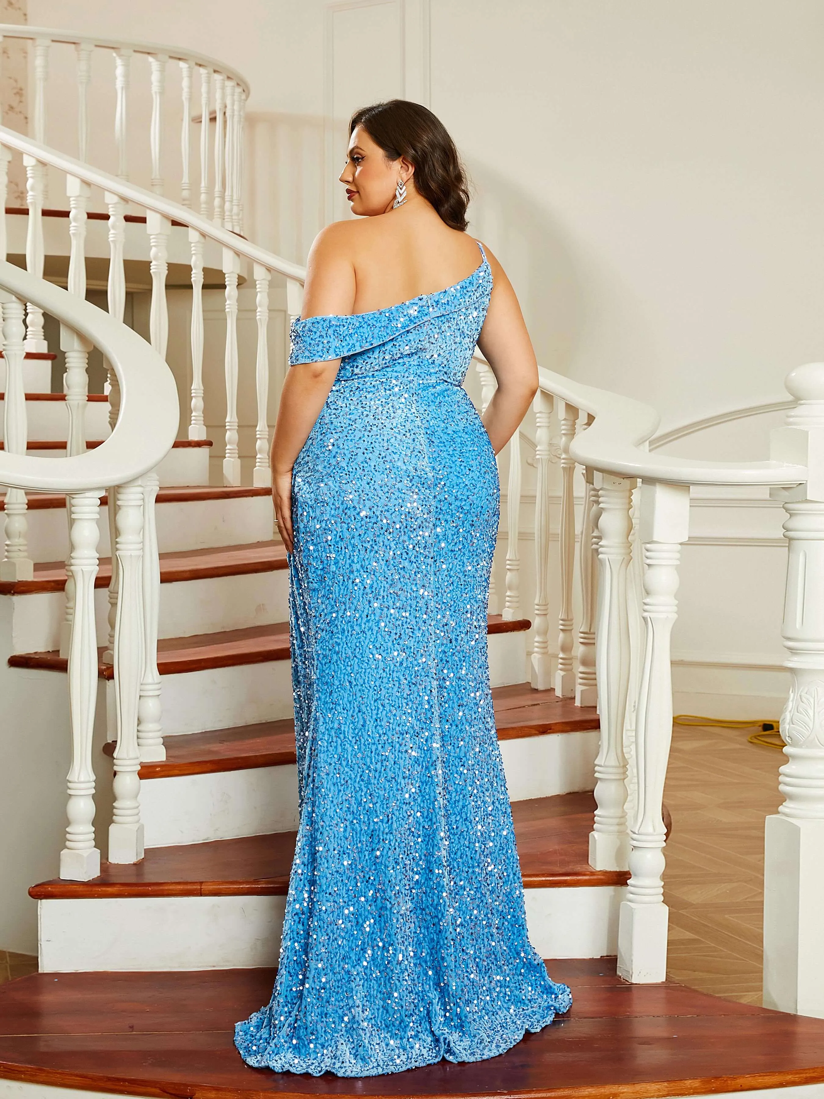 Plus Size Spaghetti Strap Sequin Blue Evening Dress PRA60002