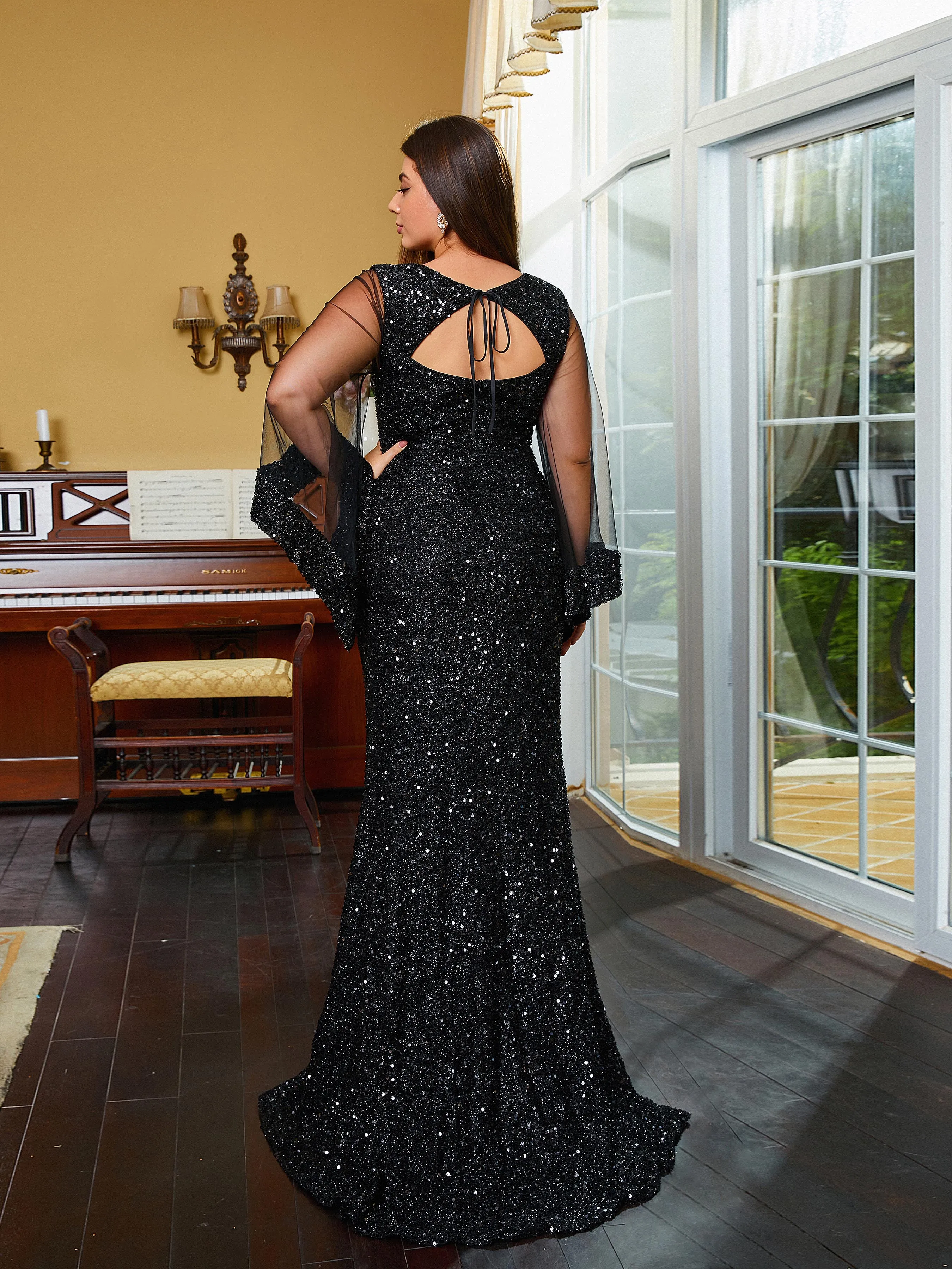 Plus Size Square Neck Backless Bell Sleeve Mermaid Evening Dress PRA60268