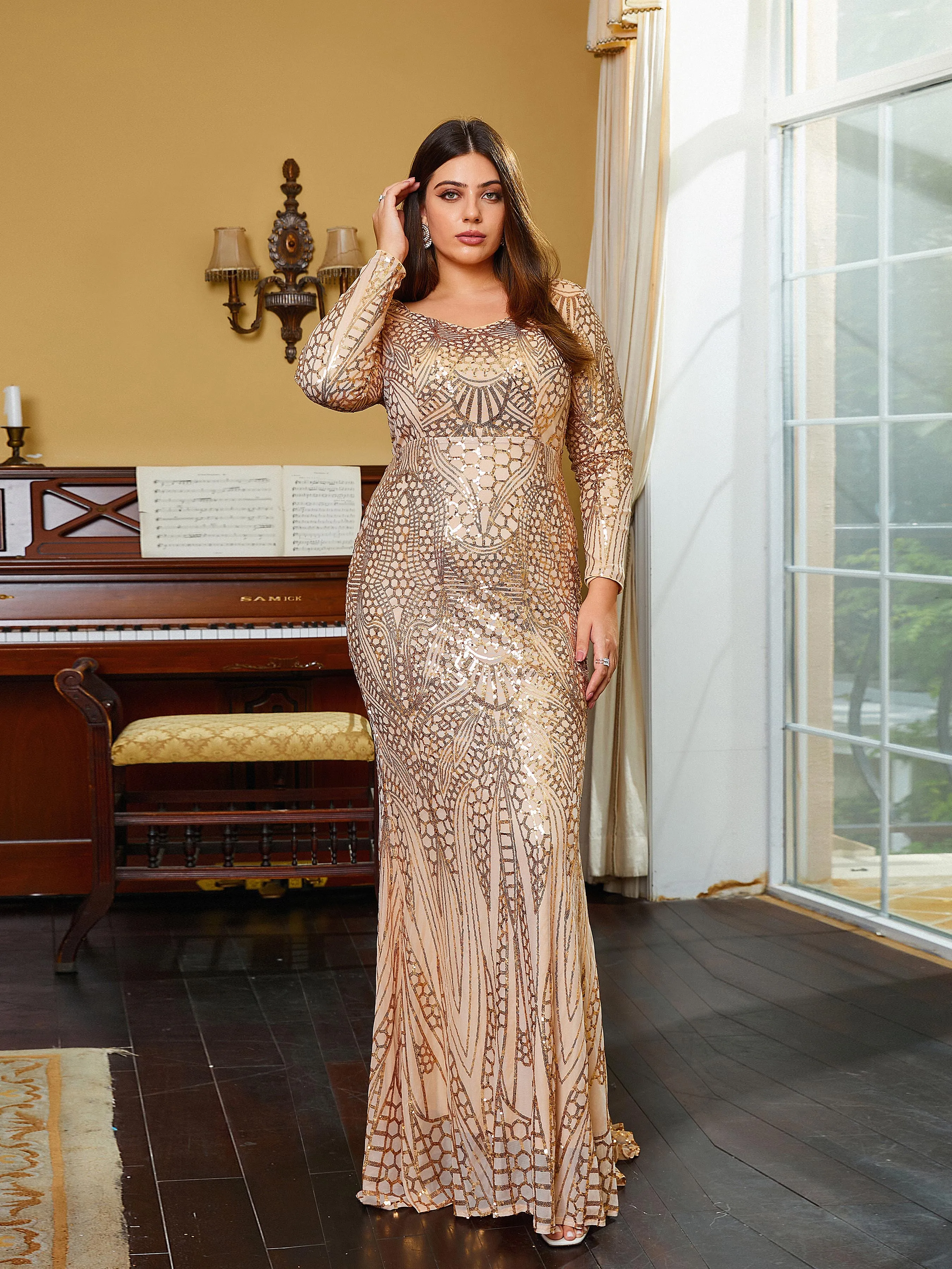 Plus Size Sweetheart Mermaid Long Sleeve Sequin Evening Dress PRD50222