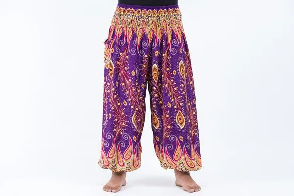 Plus Size Unisex Peacock Paisley Harem Pants in Purple