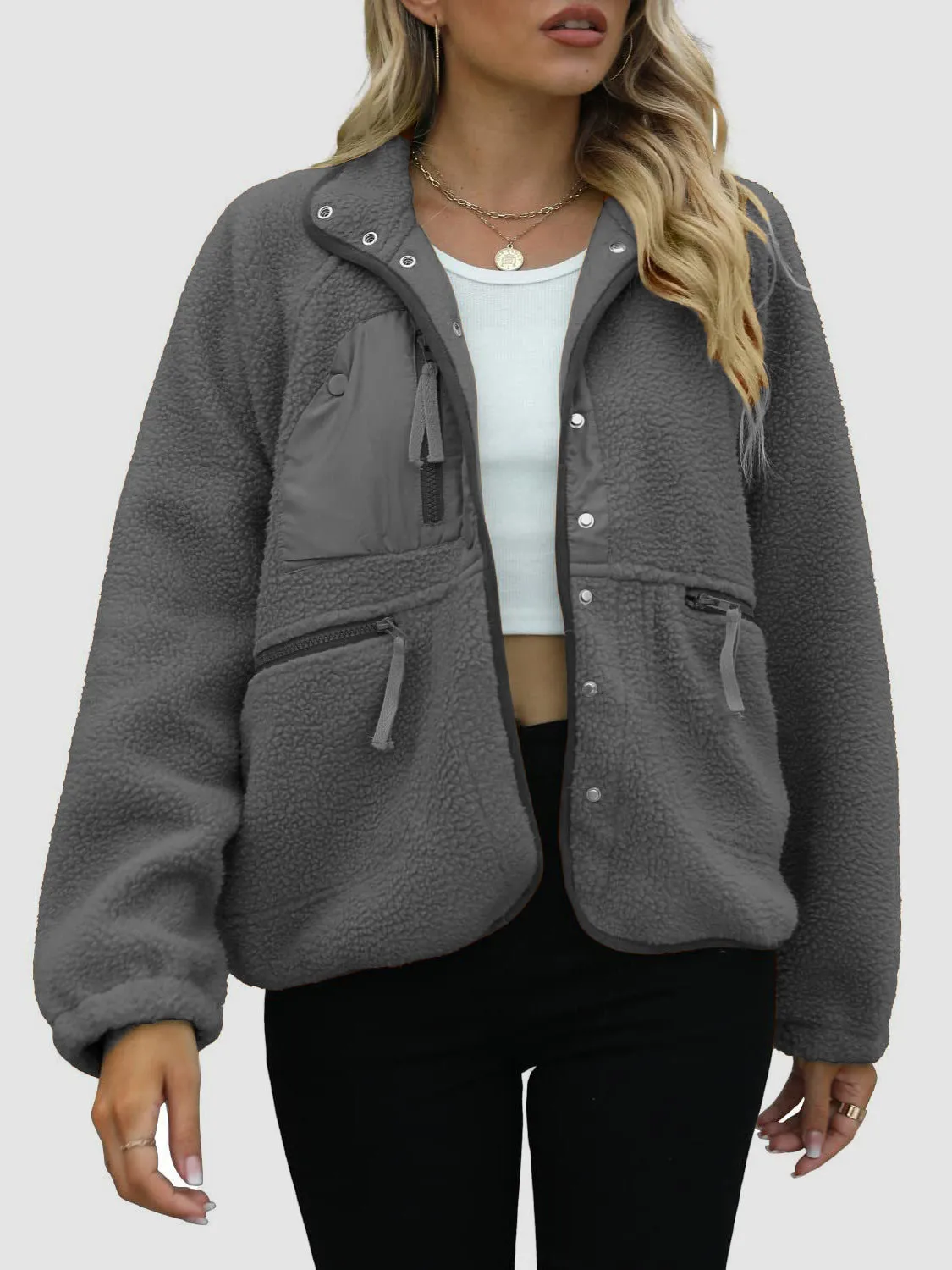 Pocketed Snap Down Sherpa Jacket