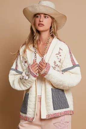 POL Open Front Quilted Jacket with Embroidery Details in Cream