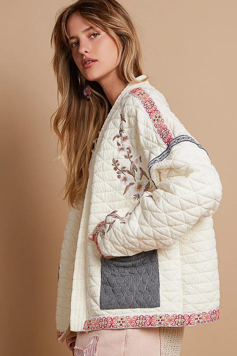 POL Open Front Quilted Jacket with Embroidery Details in Cream