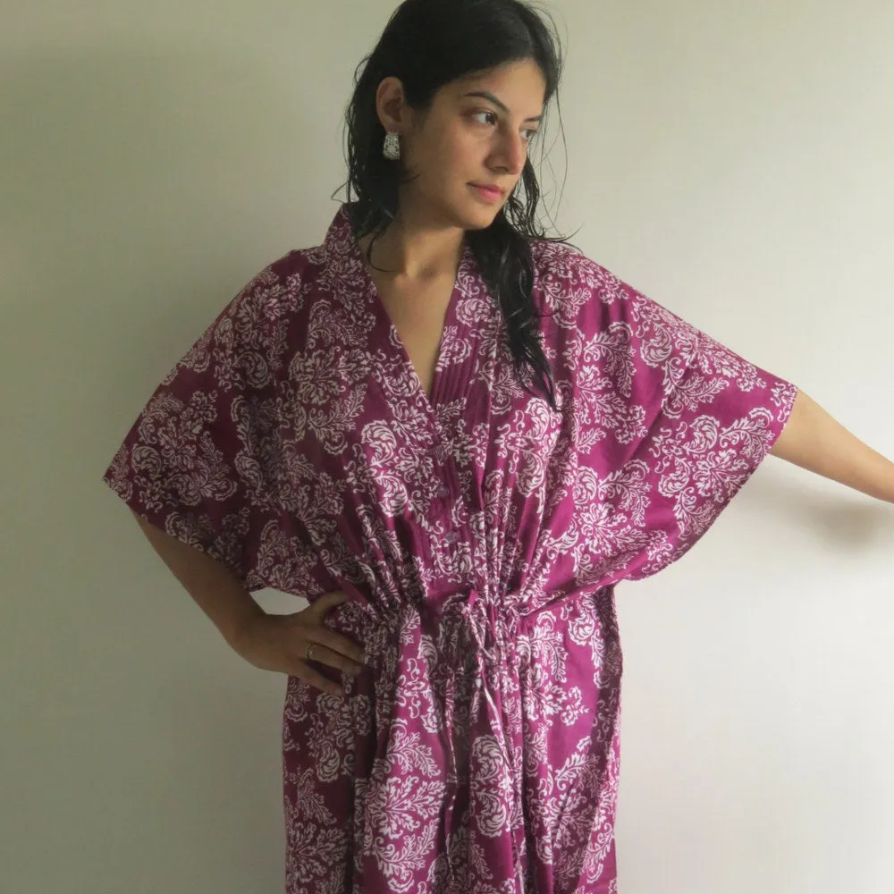 Purple Damask V-Neck Button Down to Waist, Ankle Length, Cinched Waist Caftan