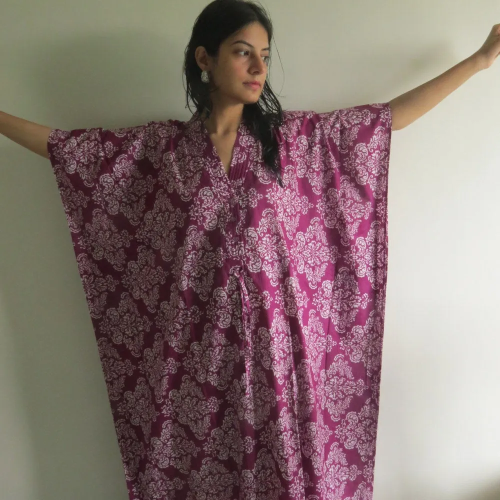 Purple Damask V-Neck Button Down to Waist, Ankle Length, Cinched Waist Caftan