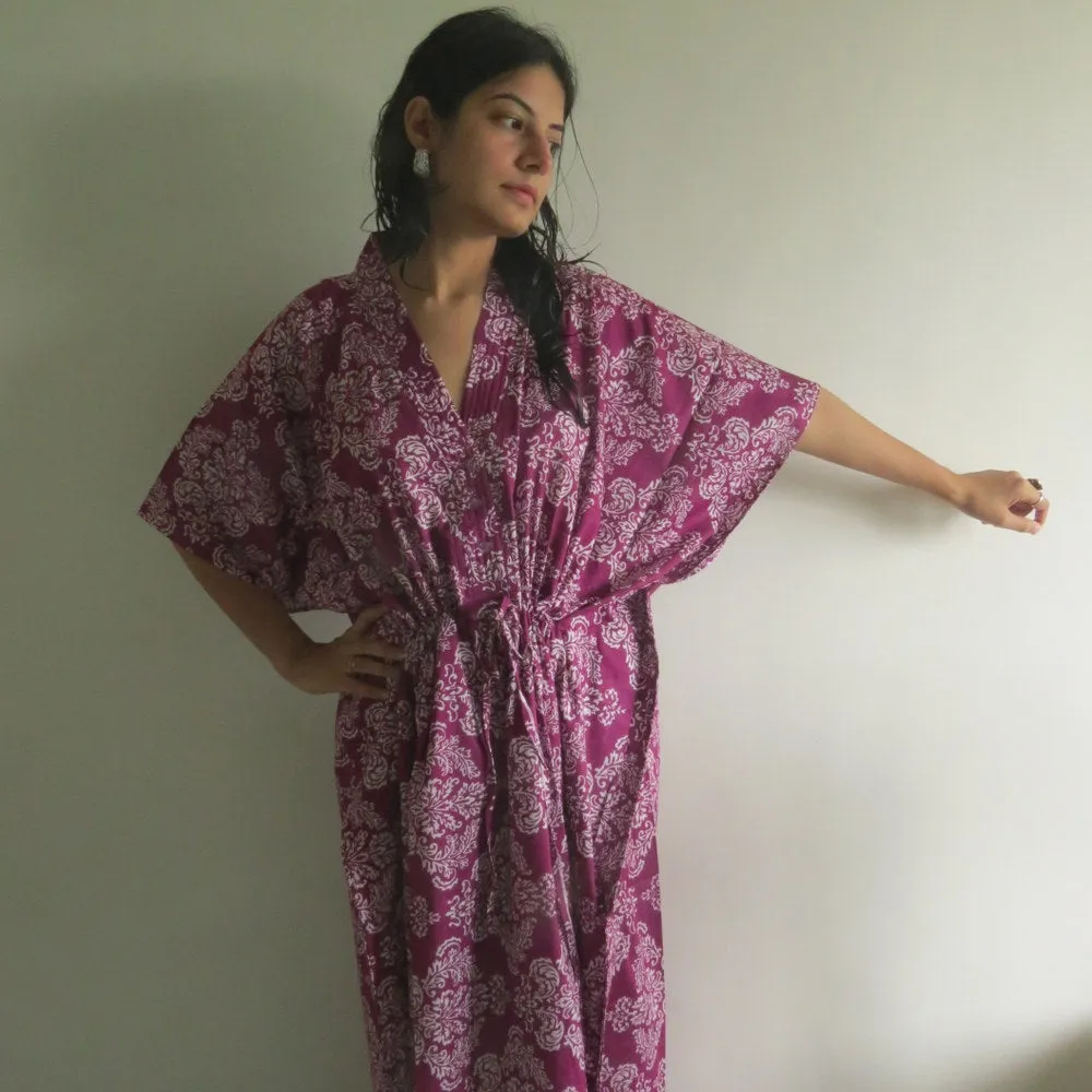 Purple Damask V-Neck Button Down to Waist, Ankle Length, Cinched Waist Caftan