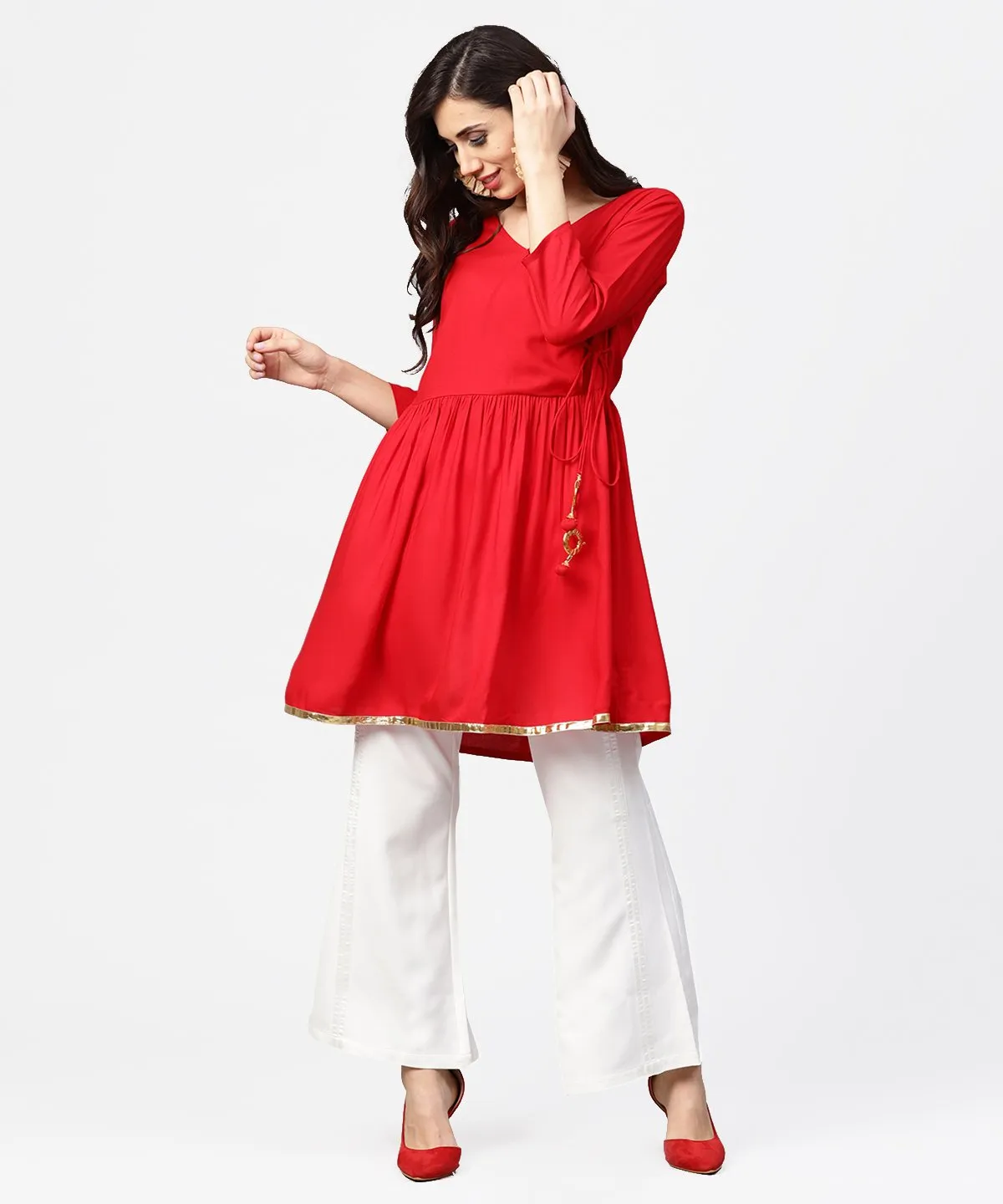 Red 3/4Th Sleeve Angrakha Style Flared Tunic With Dori Work