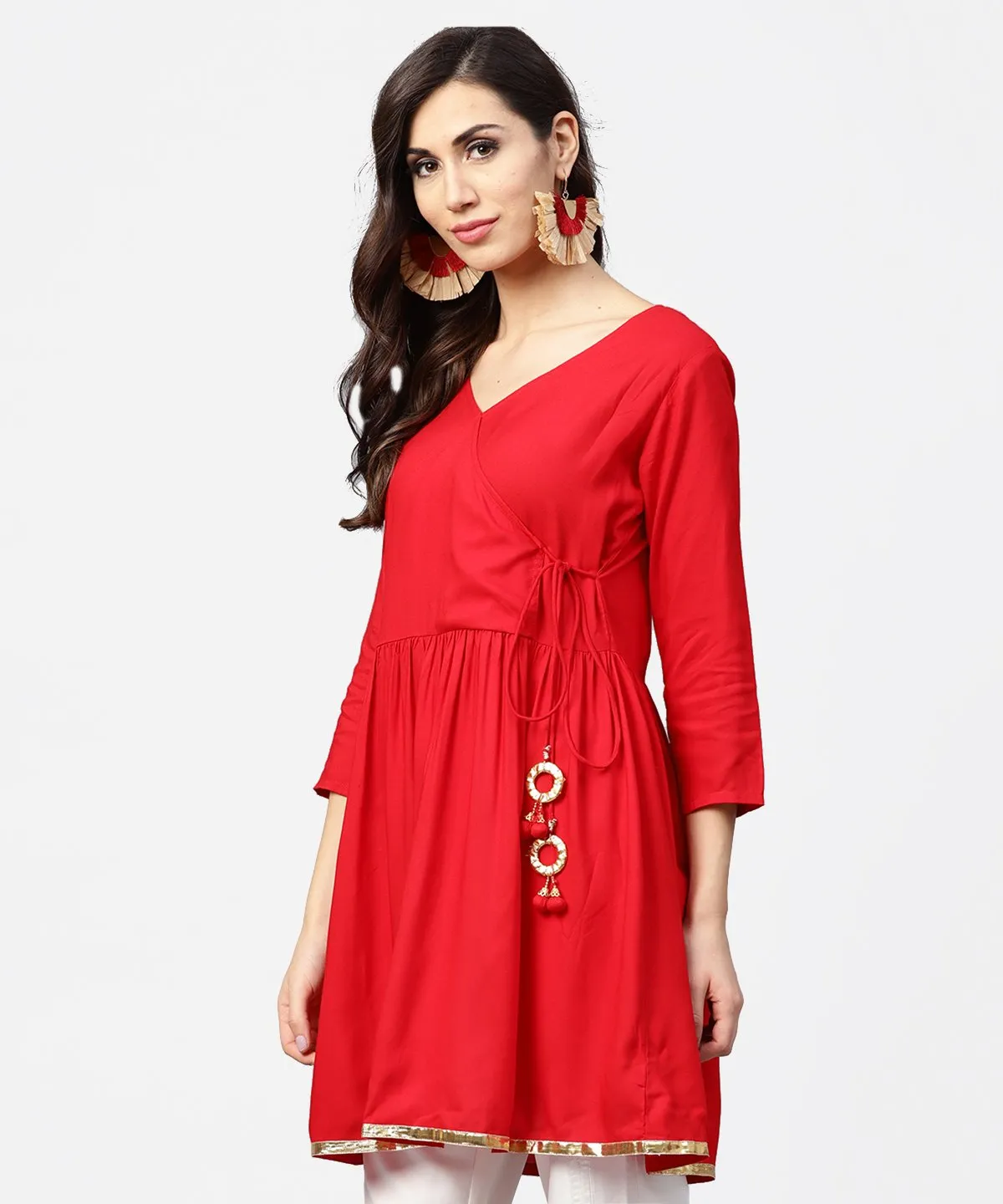 Red 3/4Th Sleeve Angrakha Style Flared Tunic With Dori Work