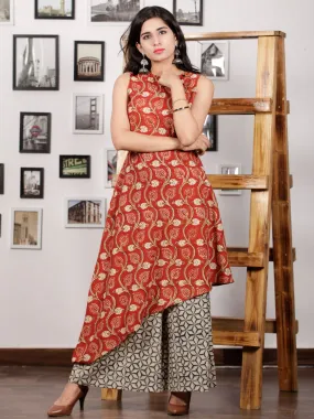 Red Beige Black Ivory Hand Block Printed Cotton Asymmetric Kurta & Palazzo Dress (Set of 2) - D287F1367