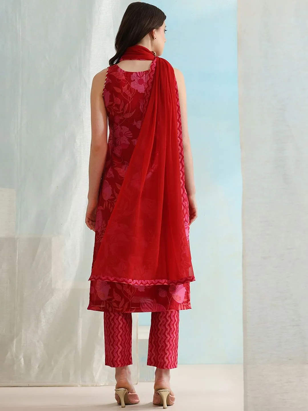 Red Floral Printed Straight Kurta with Trousers & Dupatta Set