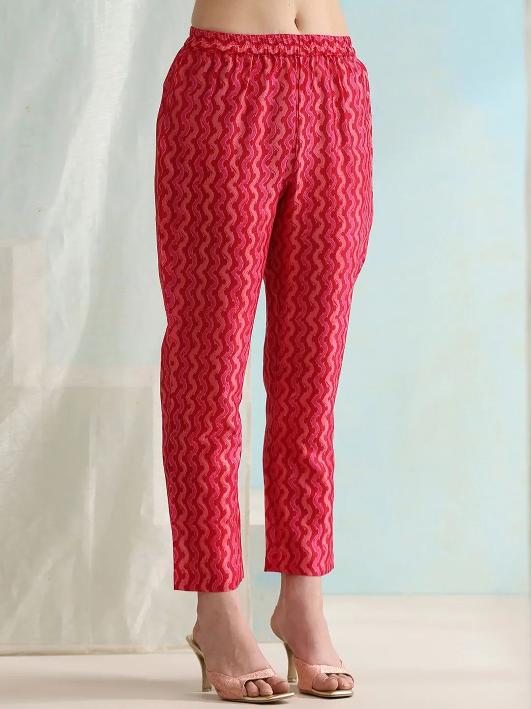 Red Floral Printed Straight Kurta with Trousers & Dupatta Set