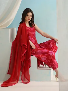 Red Floral Printed Straight Kurta with Trousers & Dupatta Set