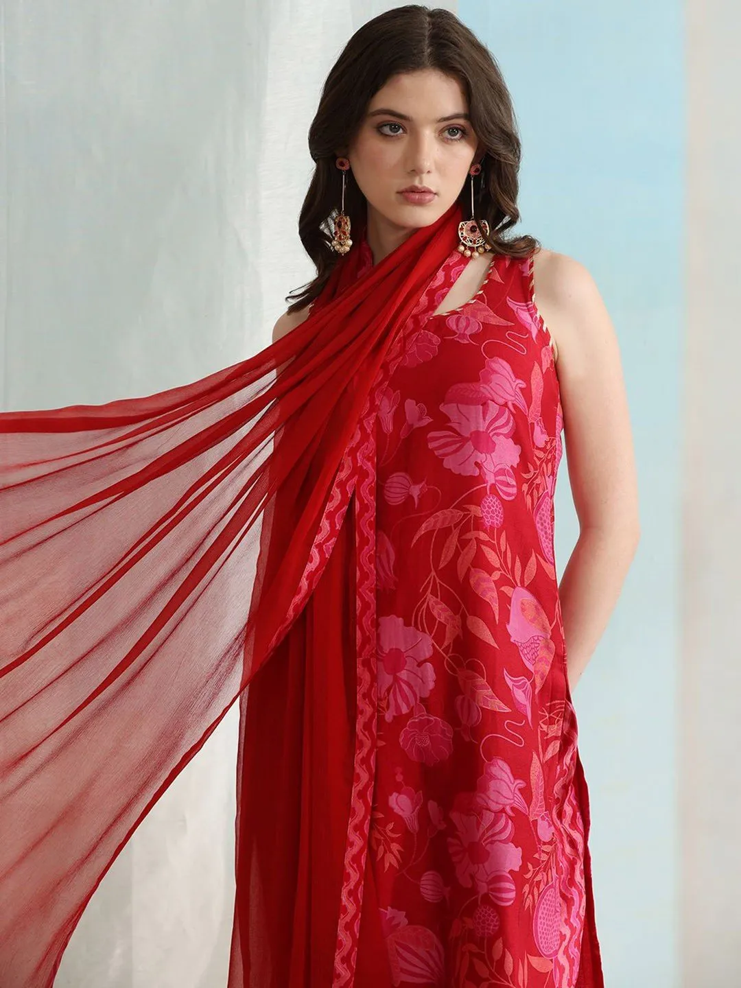 Red Floral Printed Straight Kurta with Trousers & Dupatta Set