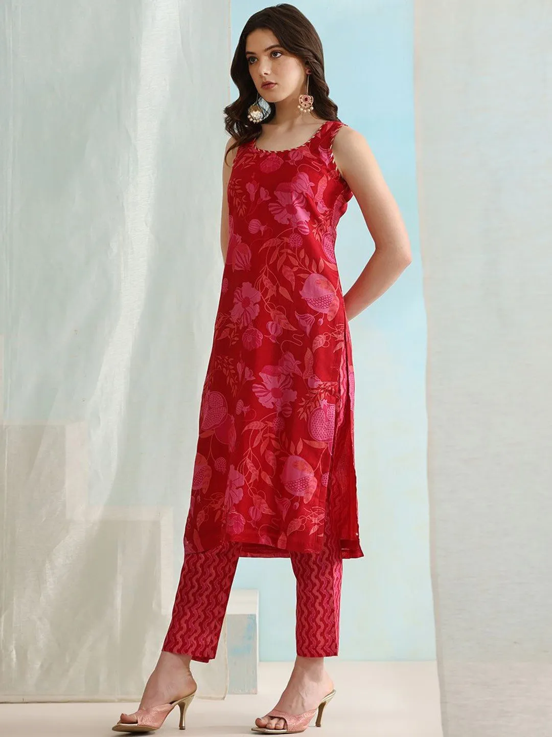 Red Floral Printed Straight Kurta with Trousers & Dupatta Set