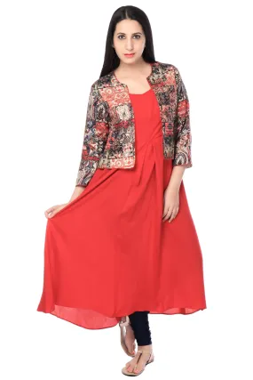 Red Rayon Tunic With Cotton Multicolor Jacket