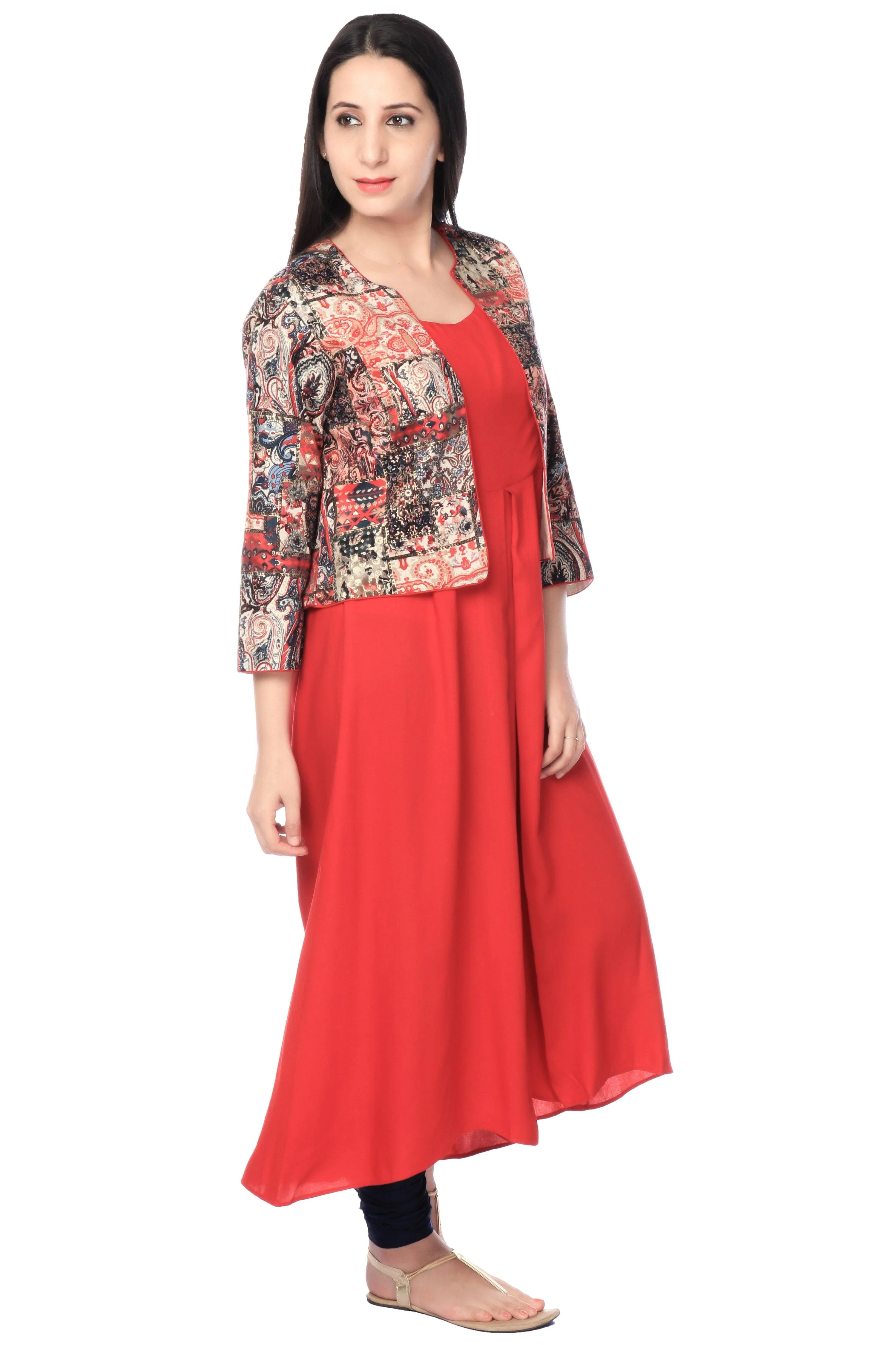 Red Rayon Tunic With Cotton Multicolor Jacket