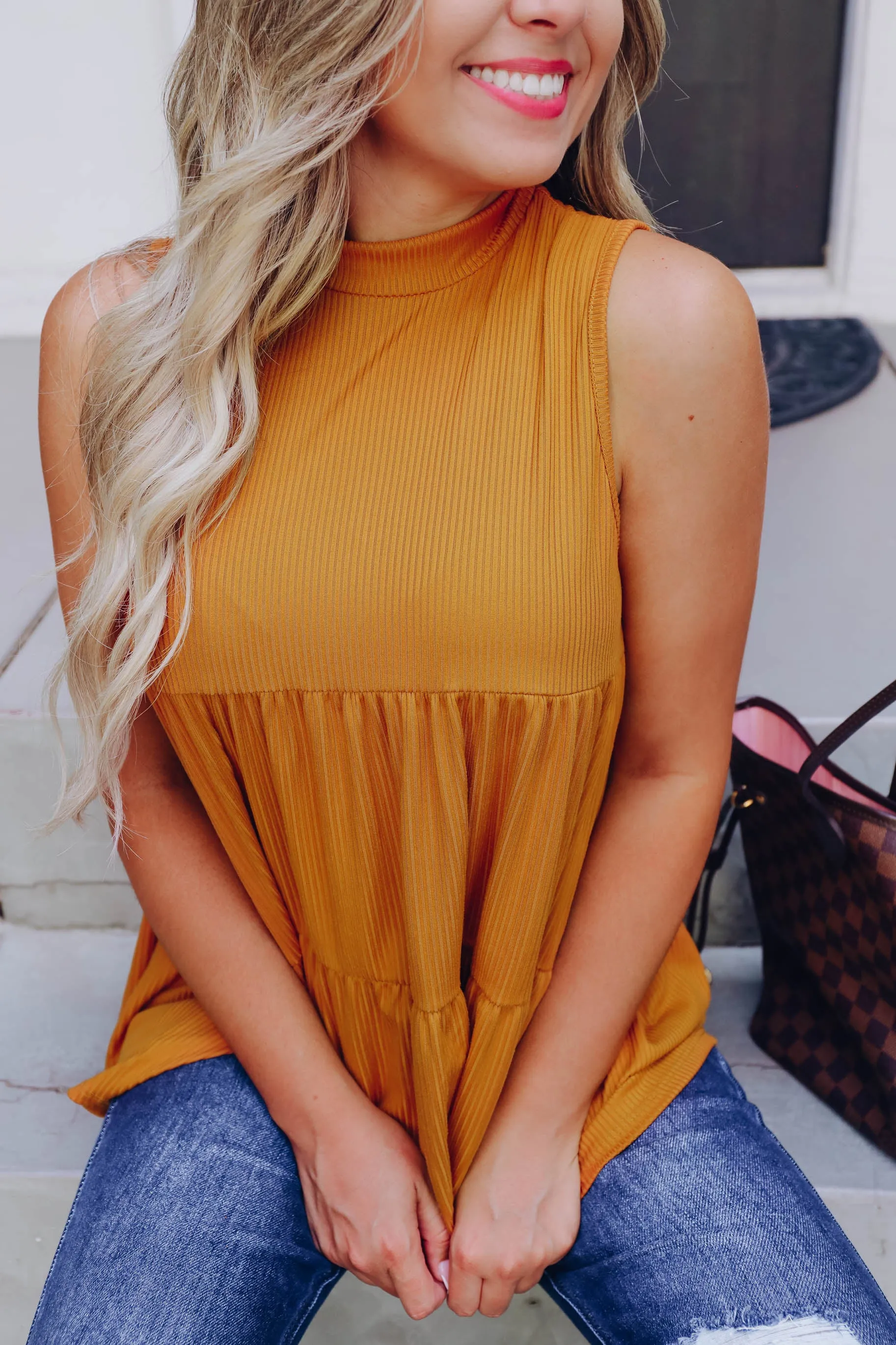 Riley Mock Neck Ribbed Tank - Mustard