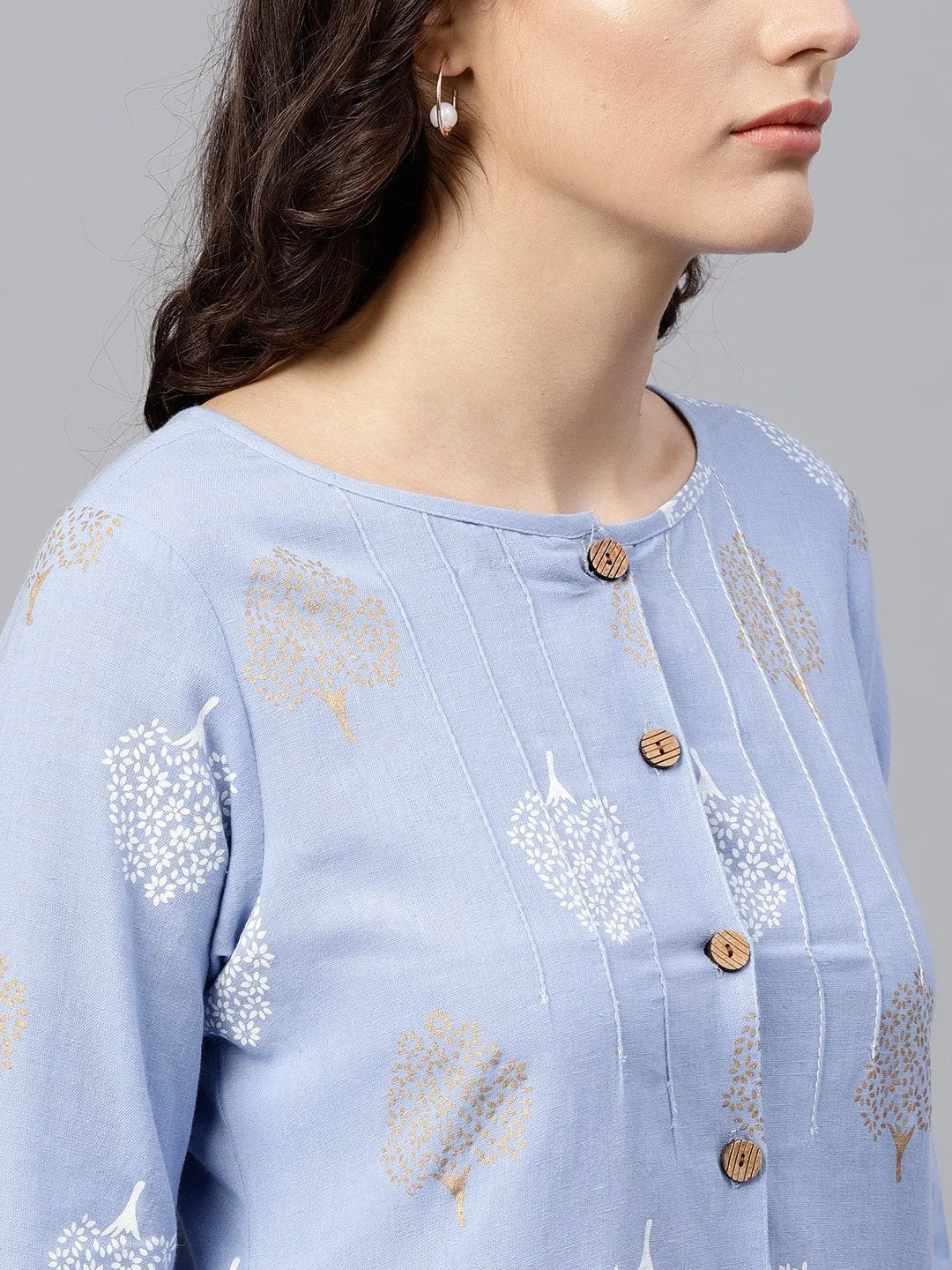 Round Neck Light Blue Printed Tunic With Front Placket And 3/4 Sleeves