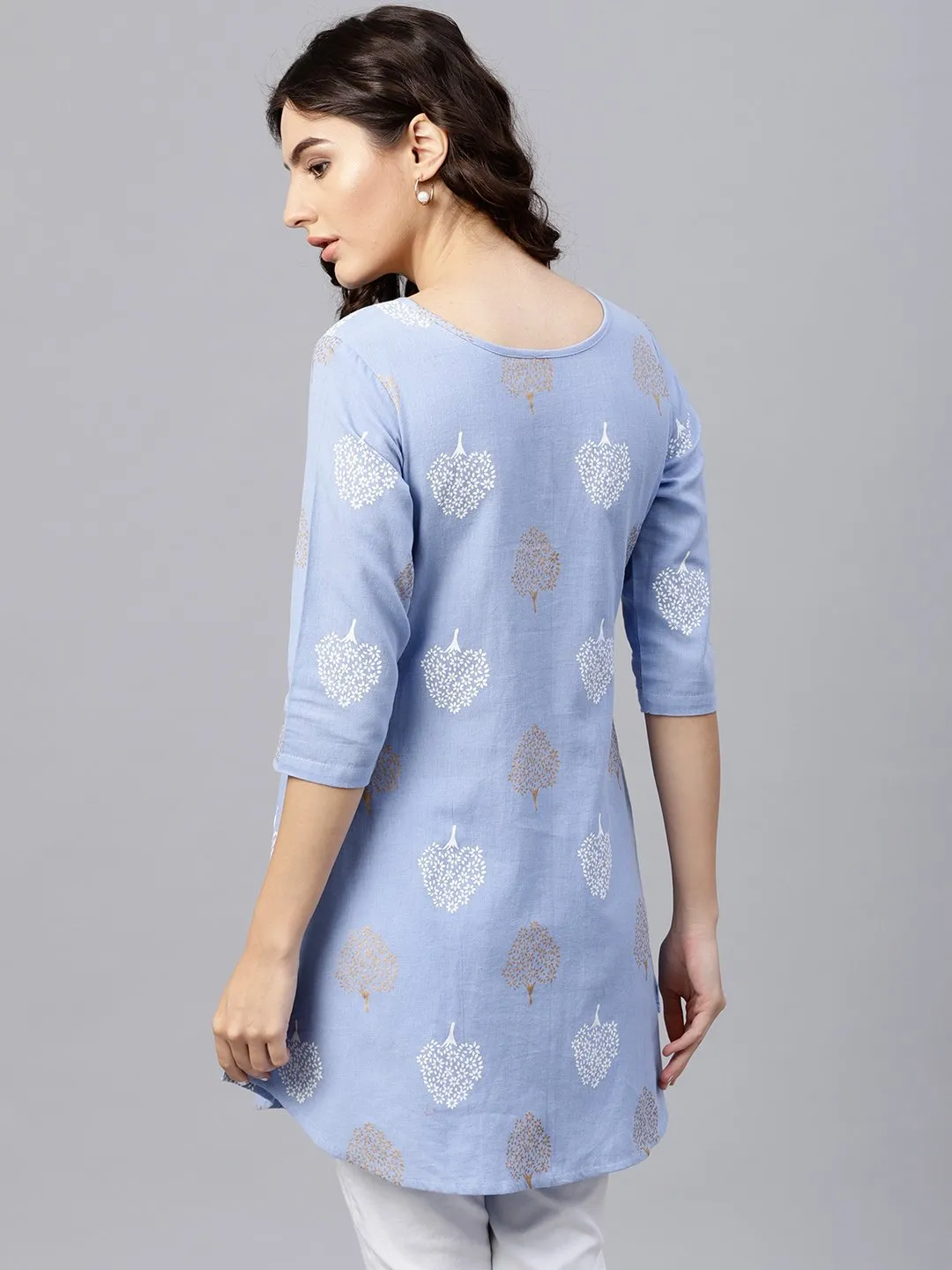 Round Neck Light Blue Printed Tunic With Front Placket And 3/4 Sleeves