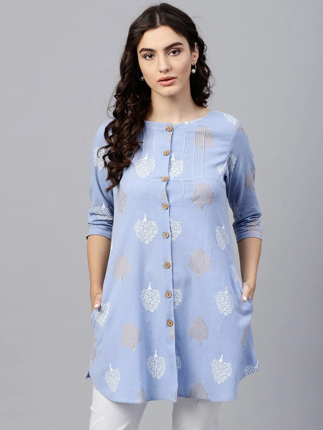 Round Neck Light Blue Printed Tunic With Front Placket And 3/4 Sleeves