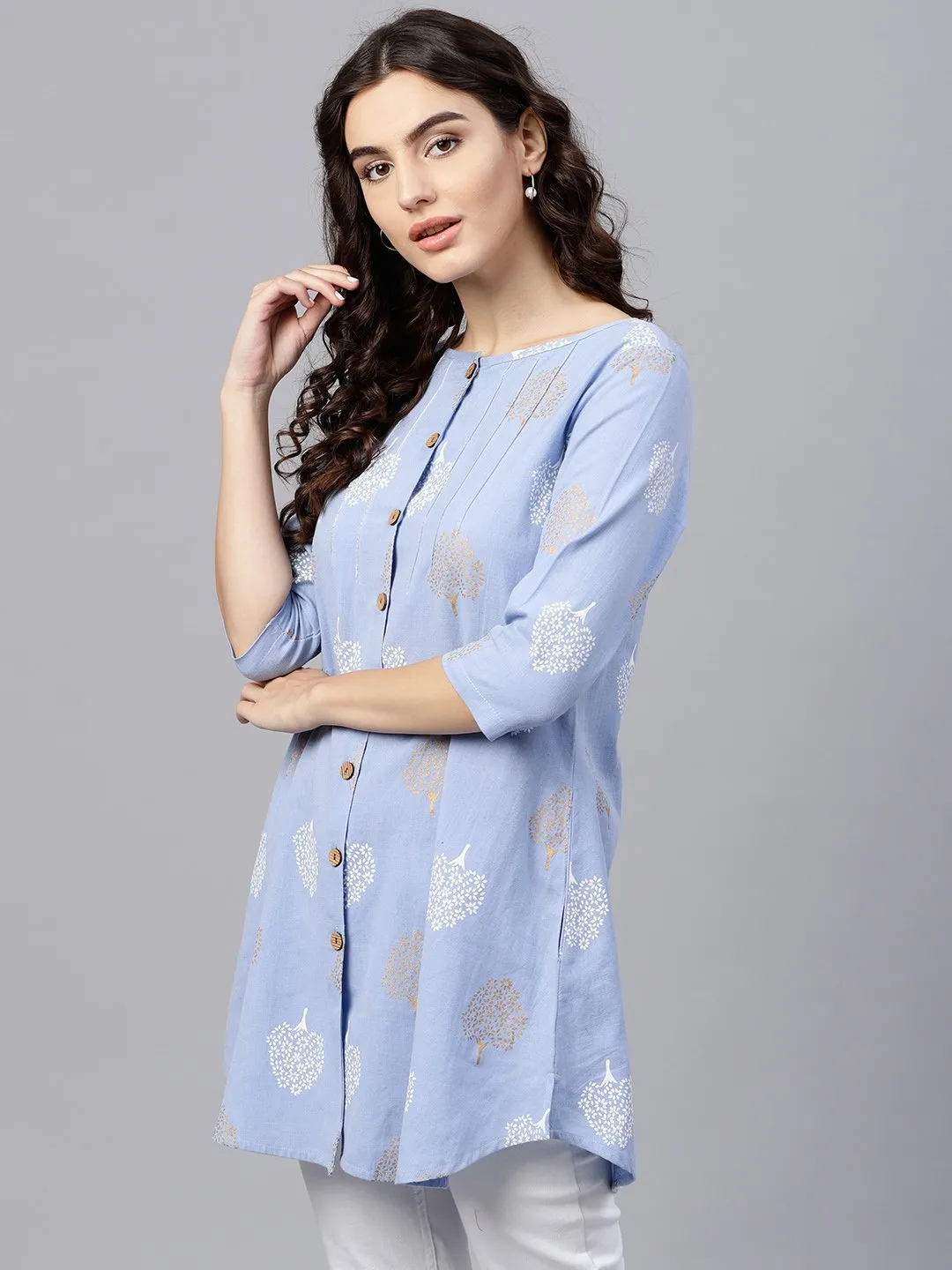 Round Neck Light Blue Printed Tunic With Front Placket And 3/4 Sleeves